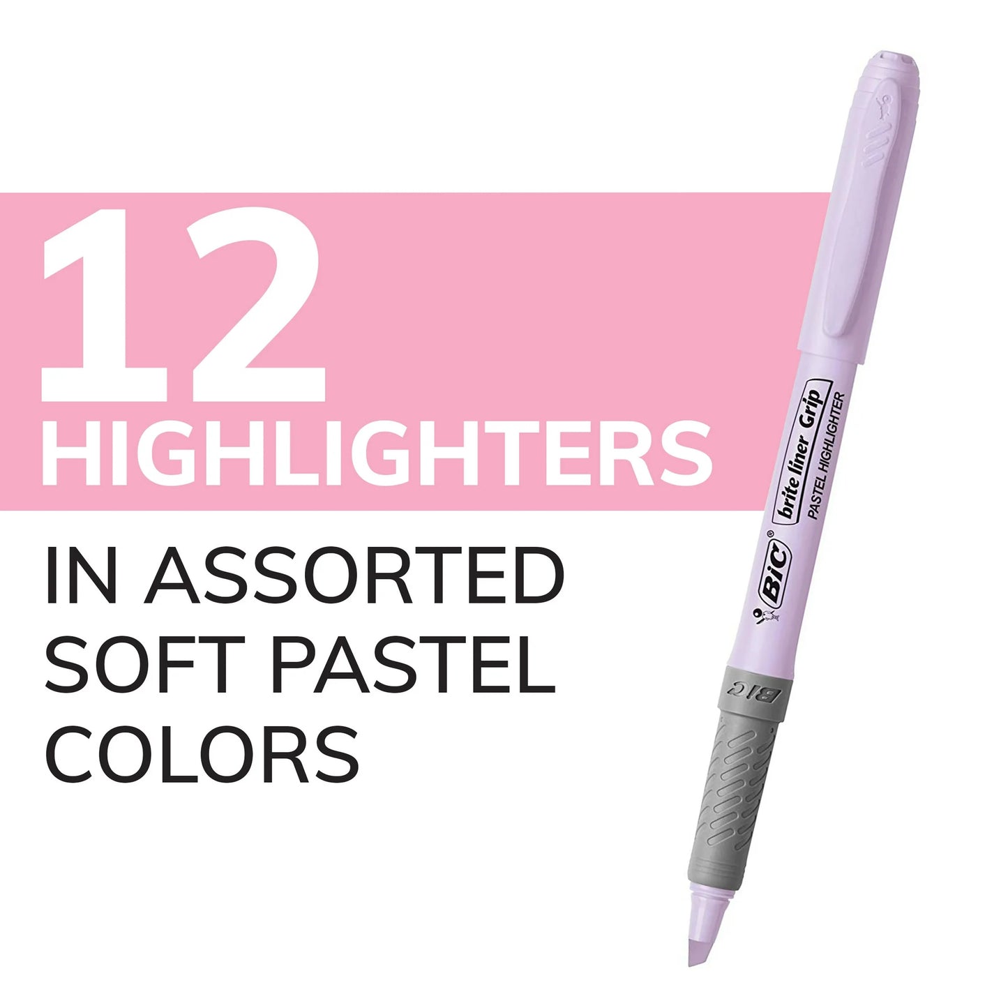 BIC Brite Liner Grip Pastel Highlighters, Assorted Colors, 12-Count
