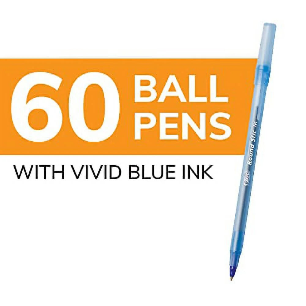 BIC Round Stic Xtra Life Ballpoint Pen, Medium Point (1.0mm), Blue, Flexible Round Barrel For Writing Comfort, 60-Count