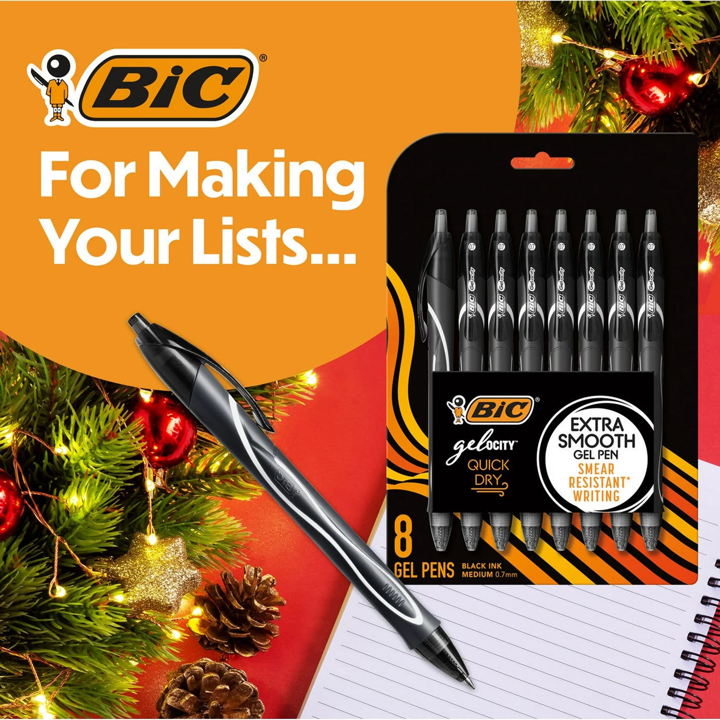 BIC Gelocity Quick Dry Medium Point Gel Pen, 0.7 mm, Black Ink, 8 Count