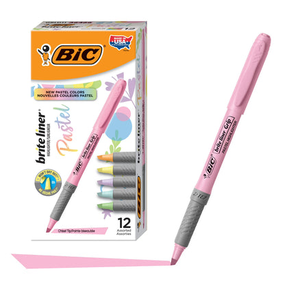 BIC Brite Liner Grip Pastel Highlighters, Assorted Colors, 12-Count
