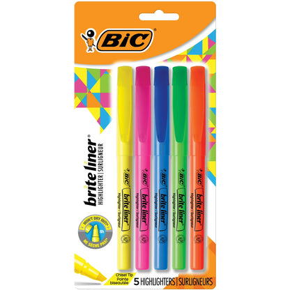 BIC Brite Liner Highlighter, Chisel Point, Assorted Colors, 5 Count