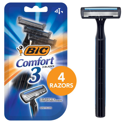 BIC Comfort 3 Disposable Men's Razor, 3 Blade Razor for a Comfortable Shave, 4-Count