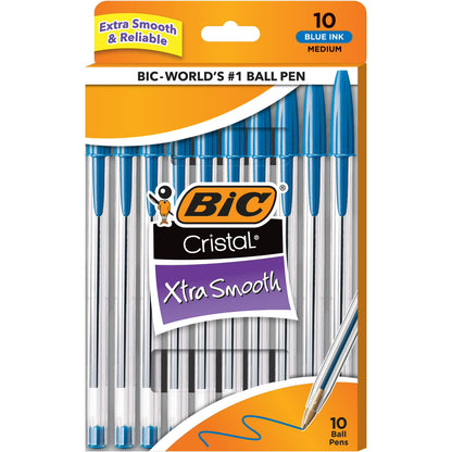 BIC Cristal Xtra Smooth Ballpoint Pen, Medium Point, 1.0 mm, Blue Ink, 10 Count