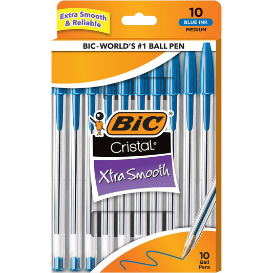 BIC Cristal Xtra Smooth Ballpoint Pen, Medium Point, 1.0 mm, Blue Ink, 10 Count