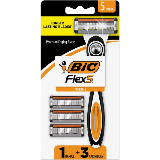 BIC Flex 5 Refillable Men's 5-Blade Manual Razors with 1 Handle and 3 Cartridges