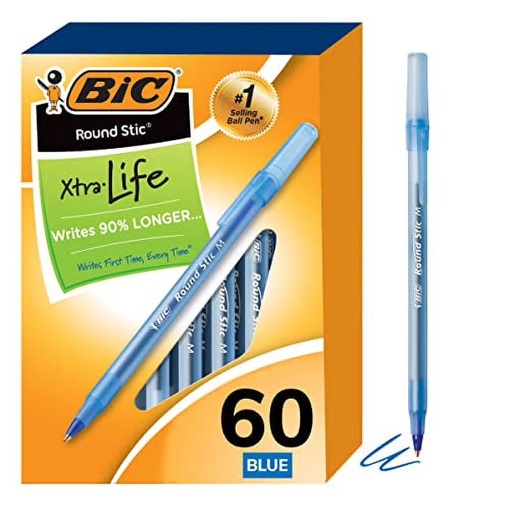 BIC Round Stic Xtra Life Ballpoint Pen, Medium Point (1.0mm), Blue, Flexible Round Barrel For Writing Comfort, 60-Count