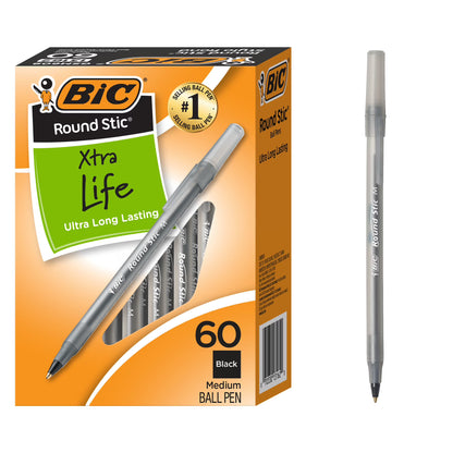 BIC Round Stic Xtra Life Ballpoint Pen, Medium Point 1.0 mm, Black Ink - 60 Pack