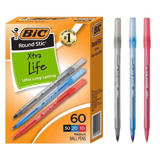 BIC Round Stic Xtra Life Assorted Ink Ballpoint Pens, Medium Point, 1.0mm, 60 Count