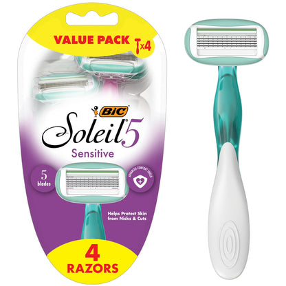 BIC Soleil 5 Sensitive Disposable 5-Blade Razors, Comfort Shield, 4-Pack