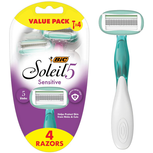 BIC Soleil 5 Sensitive Disposable 5-Blade Razors, Comfort Shield, 4-Pack