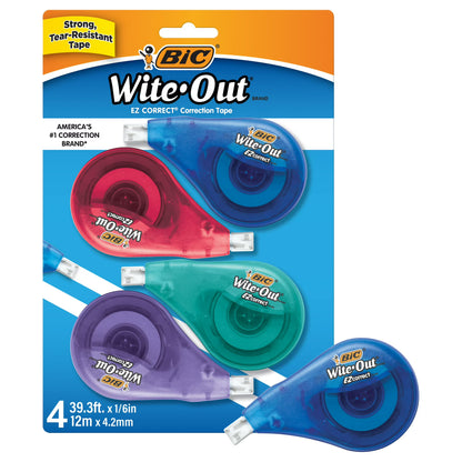 BIC Wite-Out EZ Correct Correction Tape, 39.3 ft Tape, White, Pack of 4