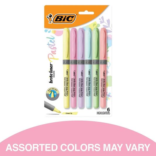 BIC Brite Liner Highlighter, Chisel Point, Assorted Pastel Colors, 6 Count