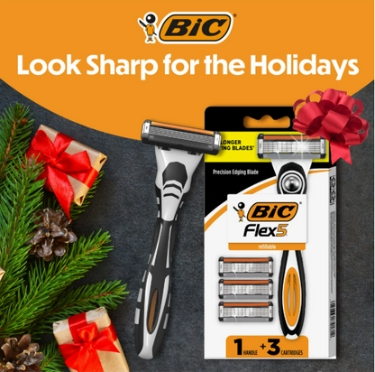 BIC Flex 5 Refillable Men's 5-Blade Manual Razors with 1 Handle and 3 Cartridges